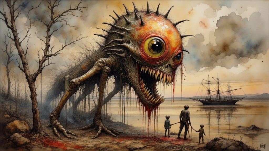 Menacing Dystopian Eyeball with Teeth, Biomechanical Style