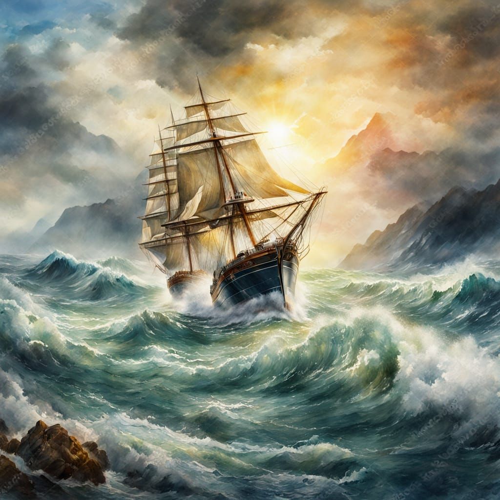 Sea storm, ship, sunlight rays through the clouds.