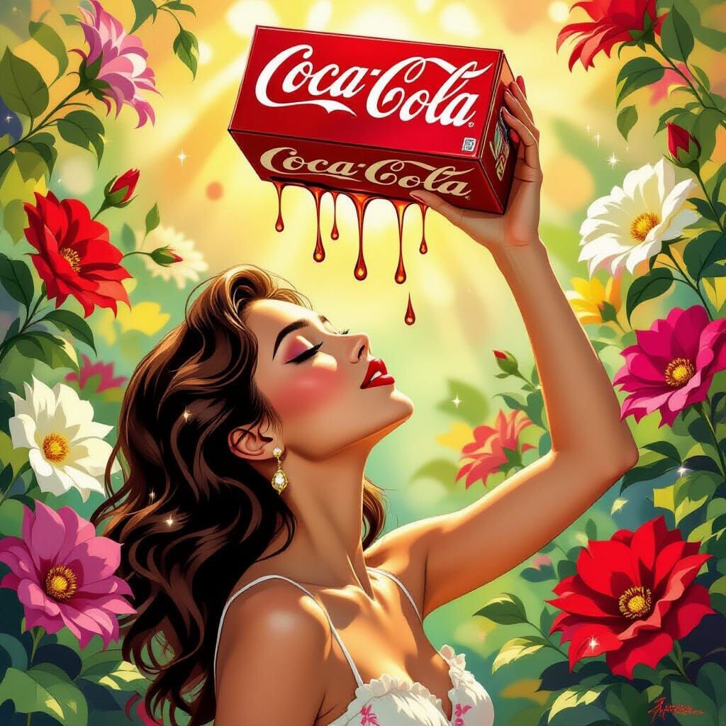 Woman Reaches for Coca-Cola Drops Amidst Flowers