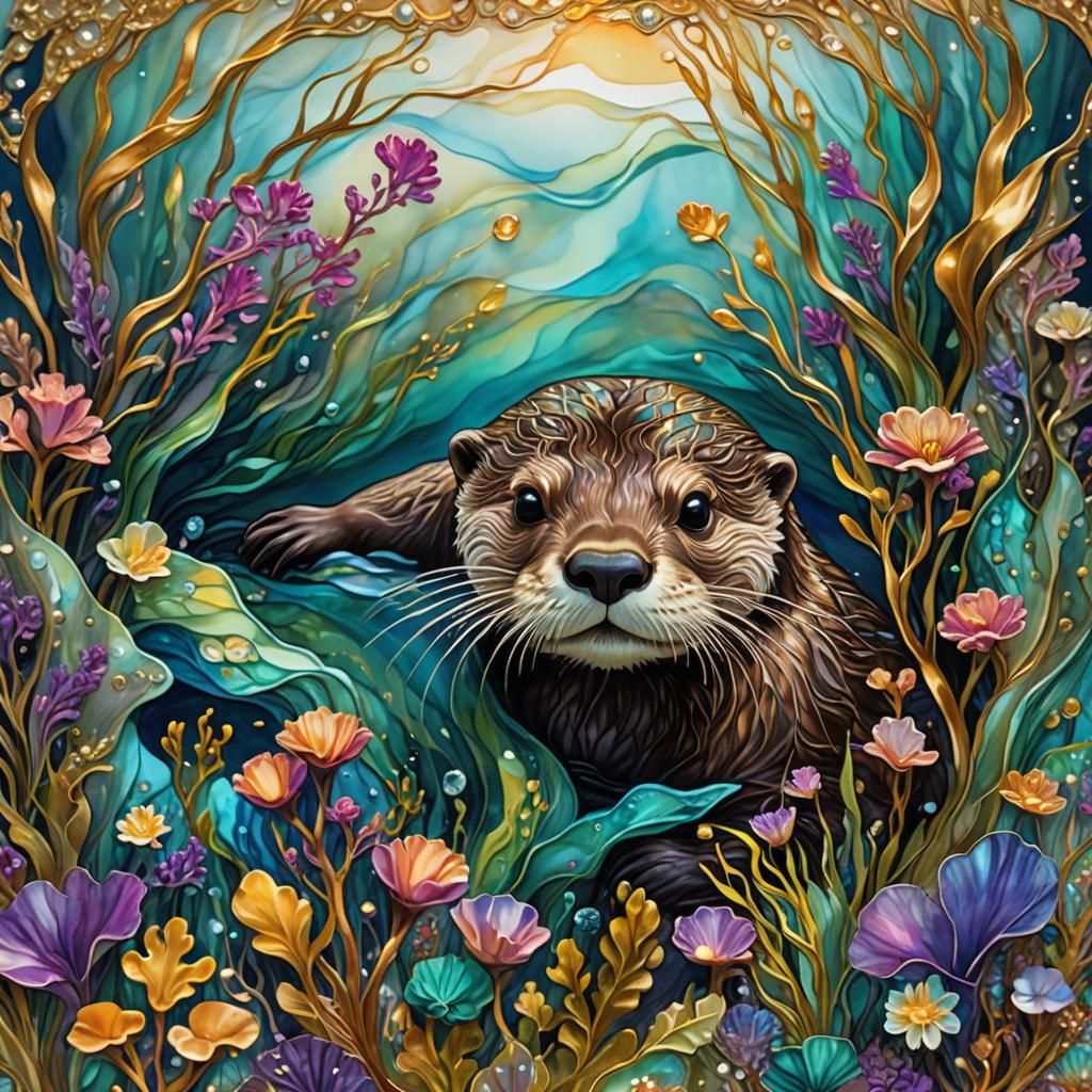 Whimsical Otter Swimming in Abstract Sea