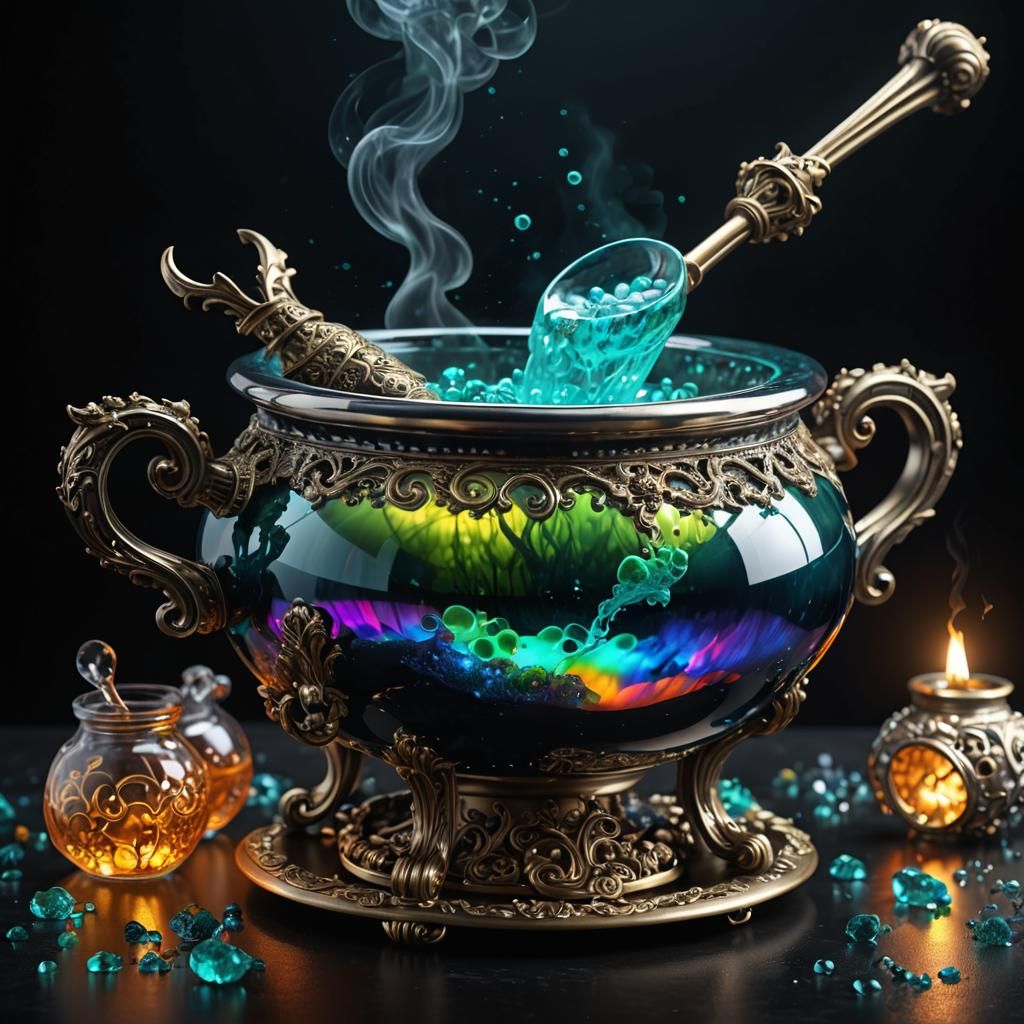 Iridescent Bioluminescent Potion in Glass Cauldron