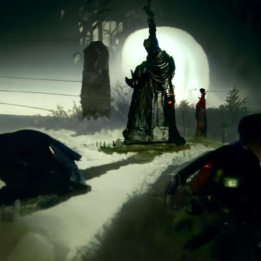 Sinister Night: Villagers Praying at Statue