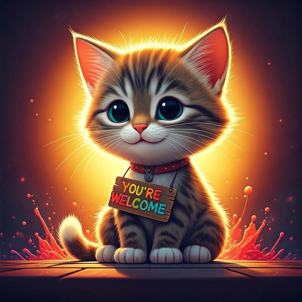 Cute Chibi Kitten with Welcome Sign, 3D Digital Art