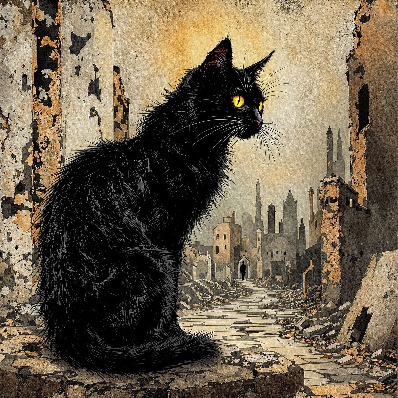 Black Cat Portrait in Ancient Ruins