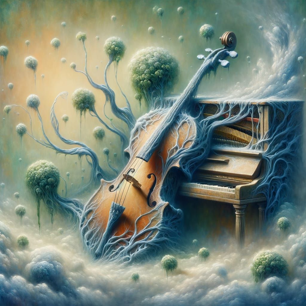 Surreal Dreamscape: Melting Instruments Become Living Plants