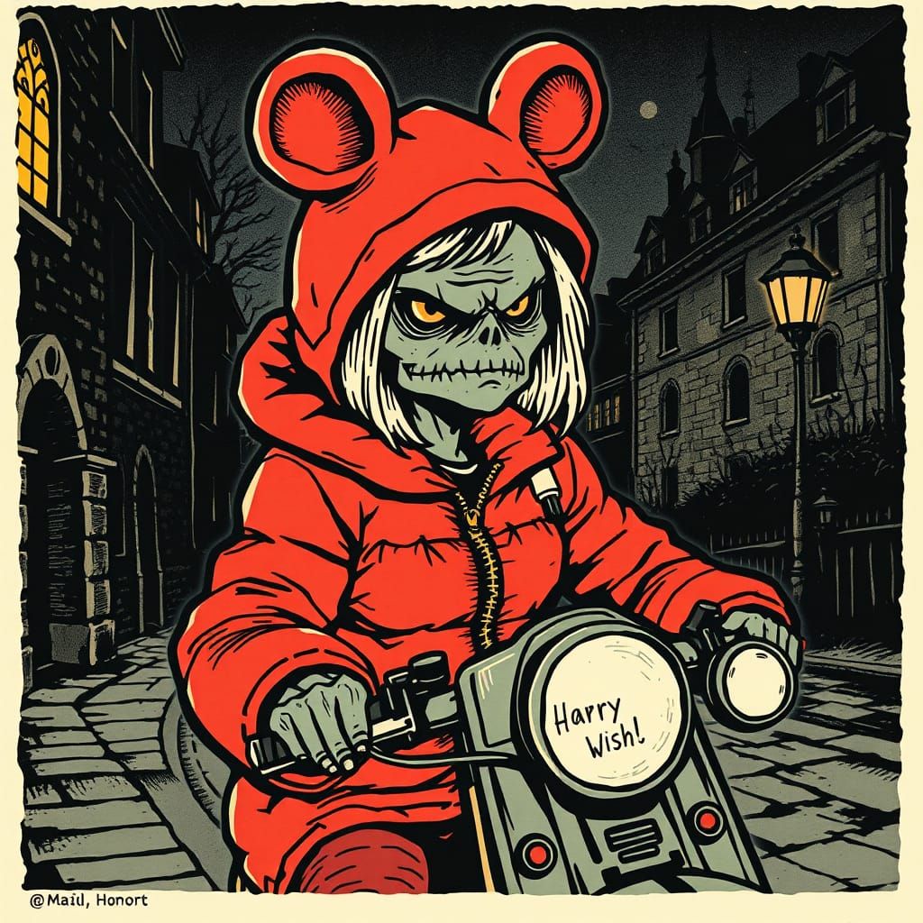 Grumpy Ghoul Rides Moped: Medieval Horror Linocut