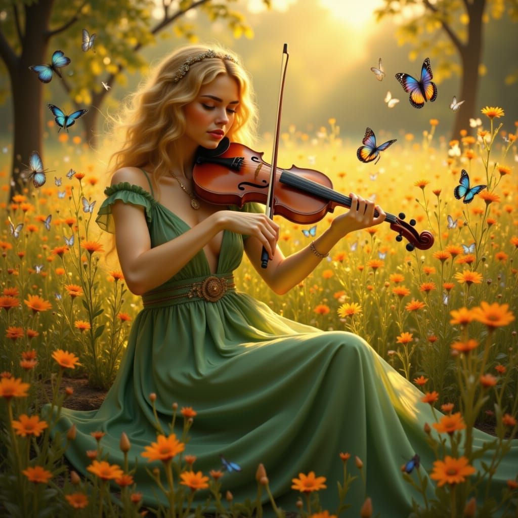 Woman Playing Violin in Wildflower Field