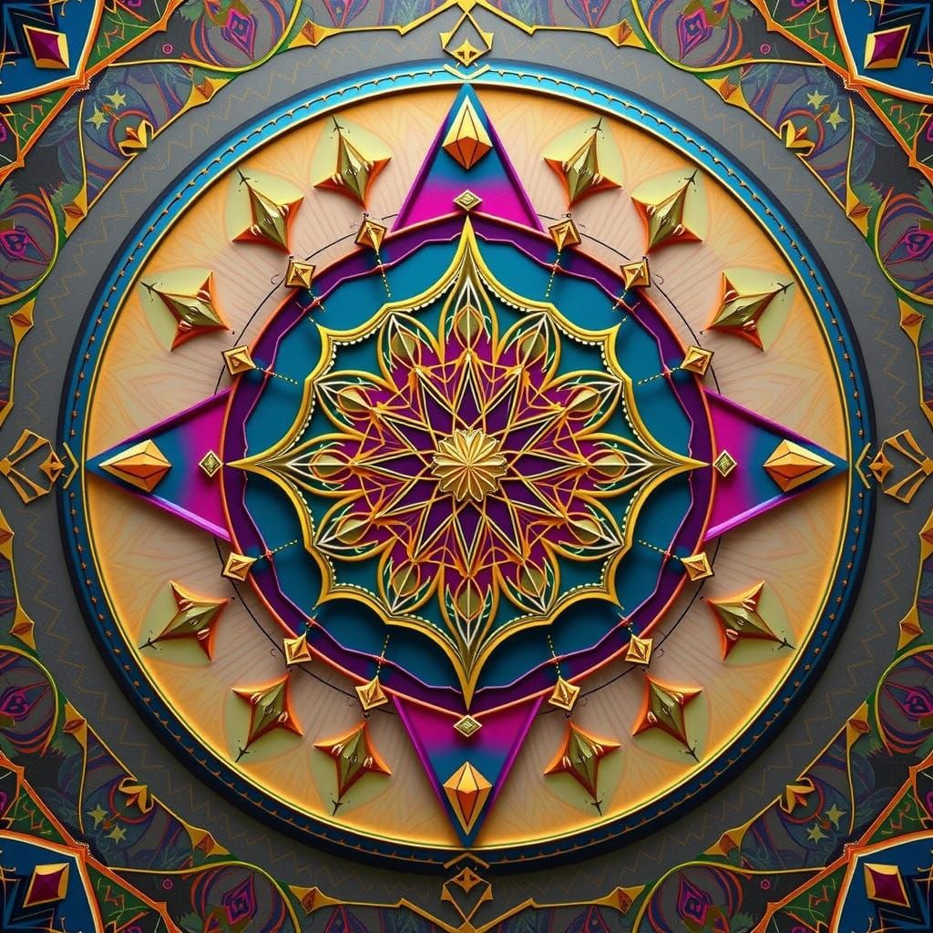 Sacred Geometry Mandala in Vibrant Pastels with Golden Accen...