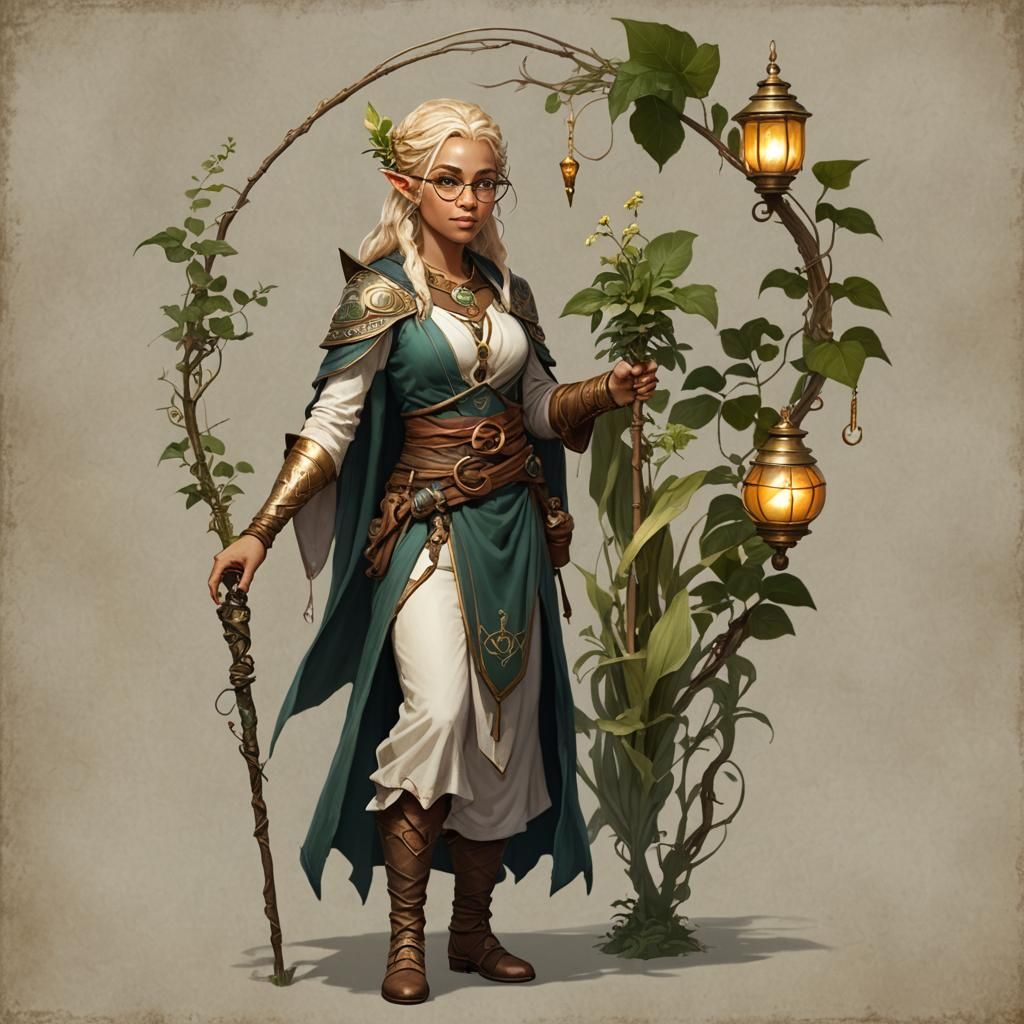 Half-Elf Sorceress with Plant Staff and Lantern
