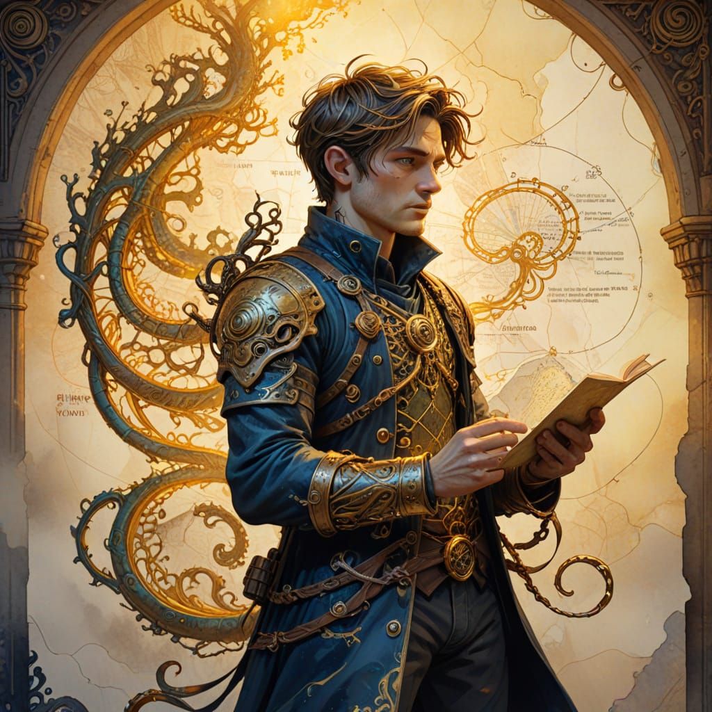 Biopunk Map Reader in Eerie Storybook Illustration