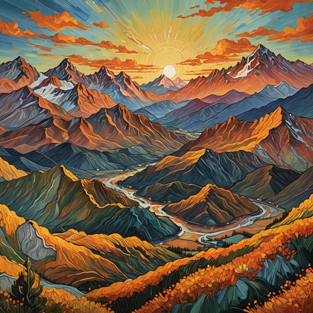 Sunset Mountains in Van Gogh Style