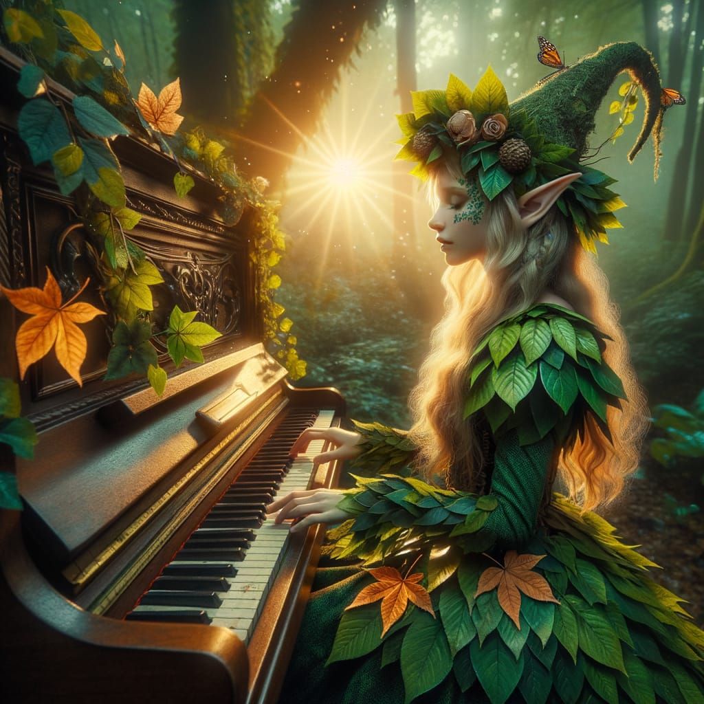 Elven Girl Plays Piano in Magical Autumn Sunset