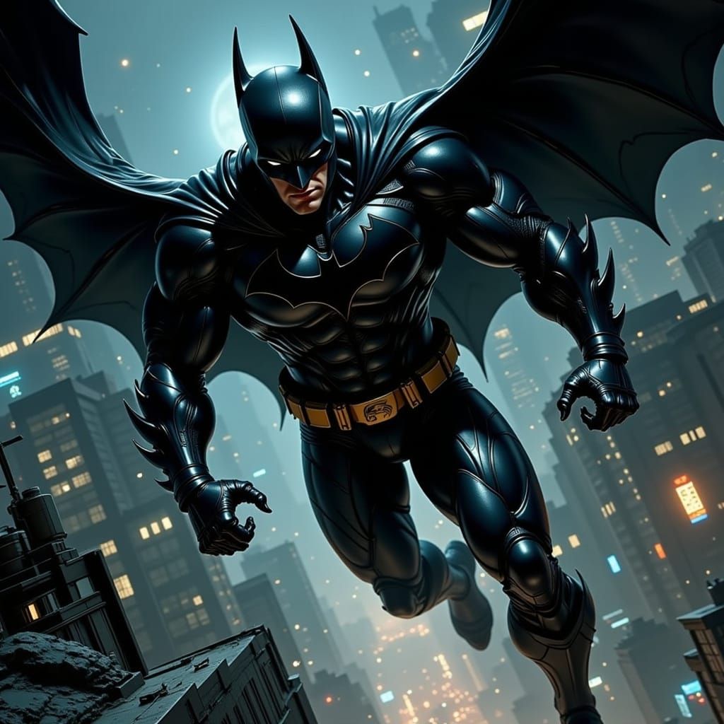 Batman Leaping from Gotham Rooftop in Heavy Armor