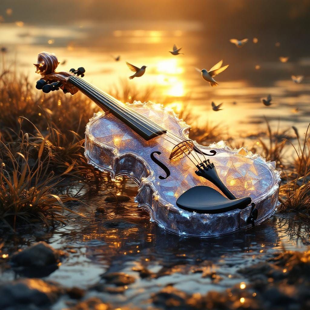 Crystal Violin at Sunset, Ethereal Digital Art