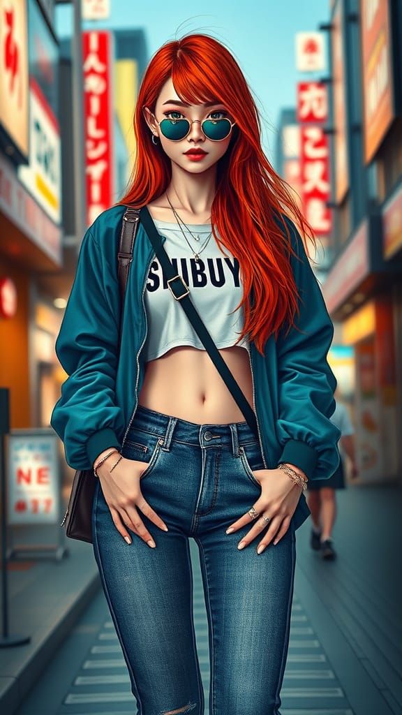 Hyperrealistic Japanese Street Fashion Model in Shibuya
