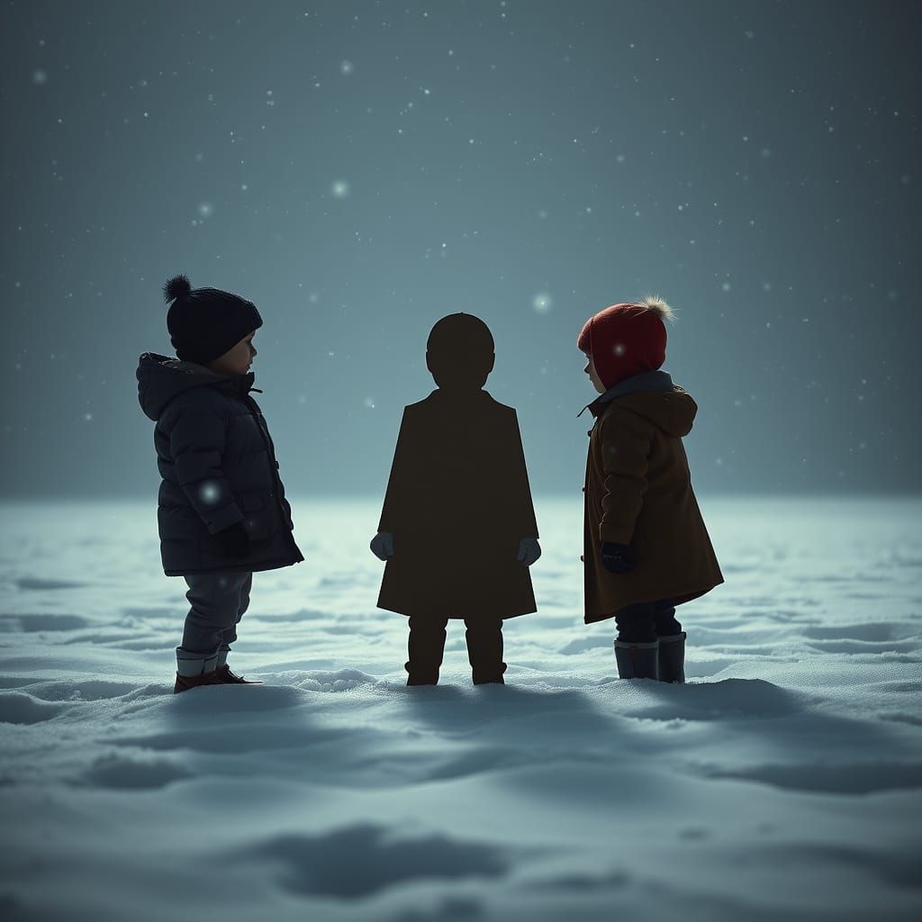 Children Contemplate Crystallized Crime Scene in Snow