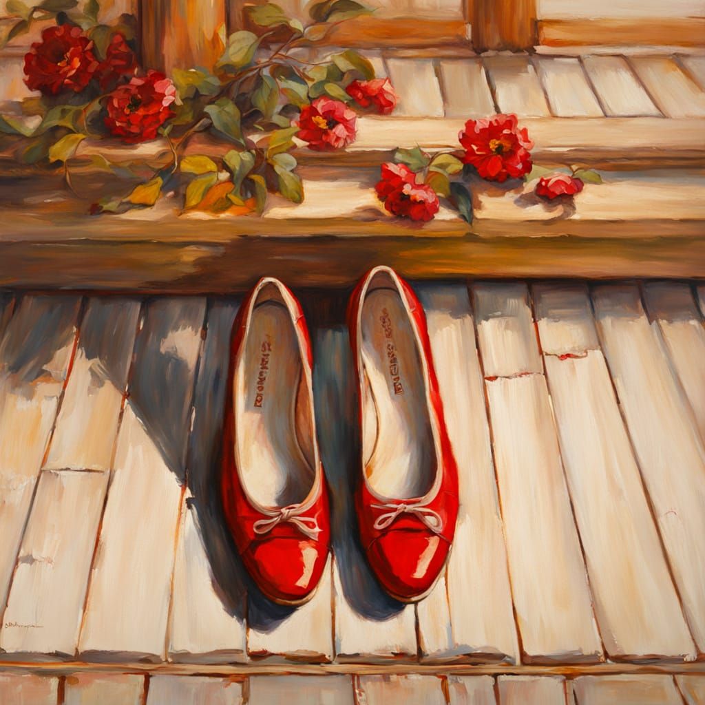 Red Shoes on Wooden Floor in Impressionist Oil Painting