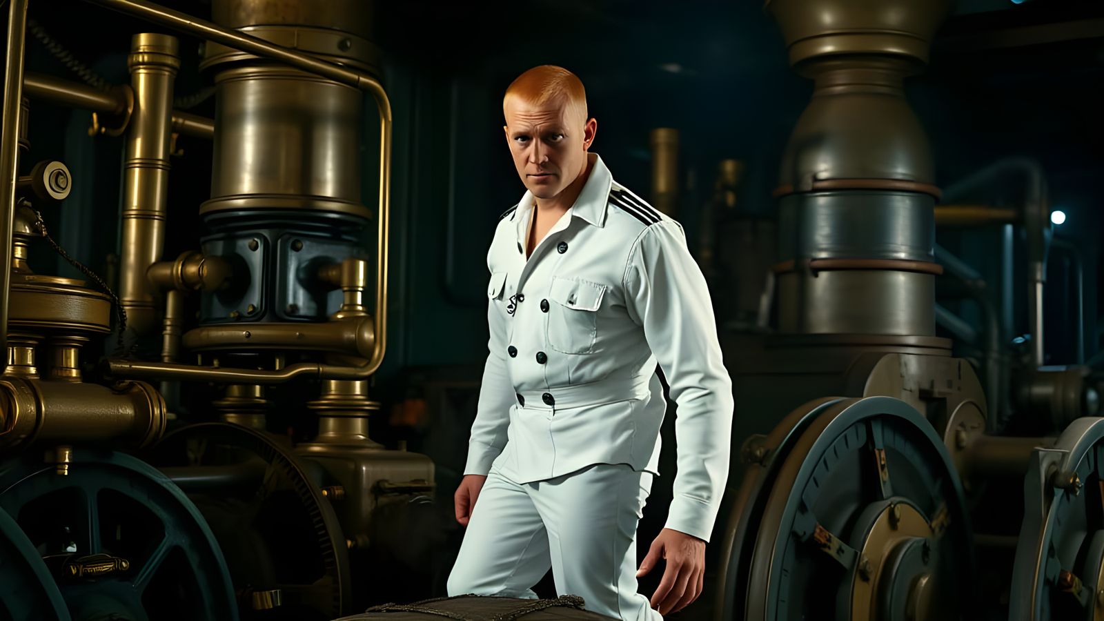 WWI Sailor on Steampunk Engine, Cinematic Lighting