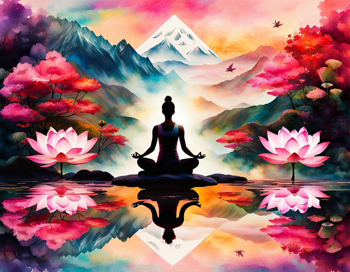 Zen Meditation in Fantasy Landscape: Watercolor Splash Art