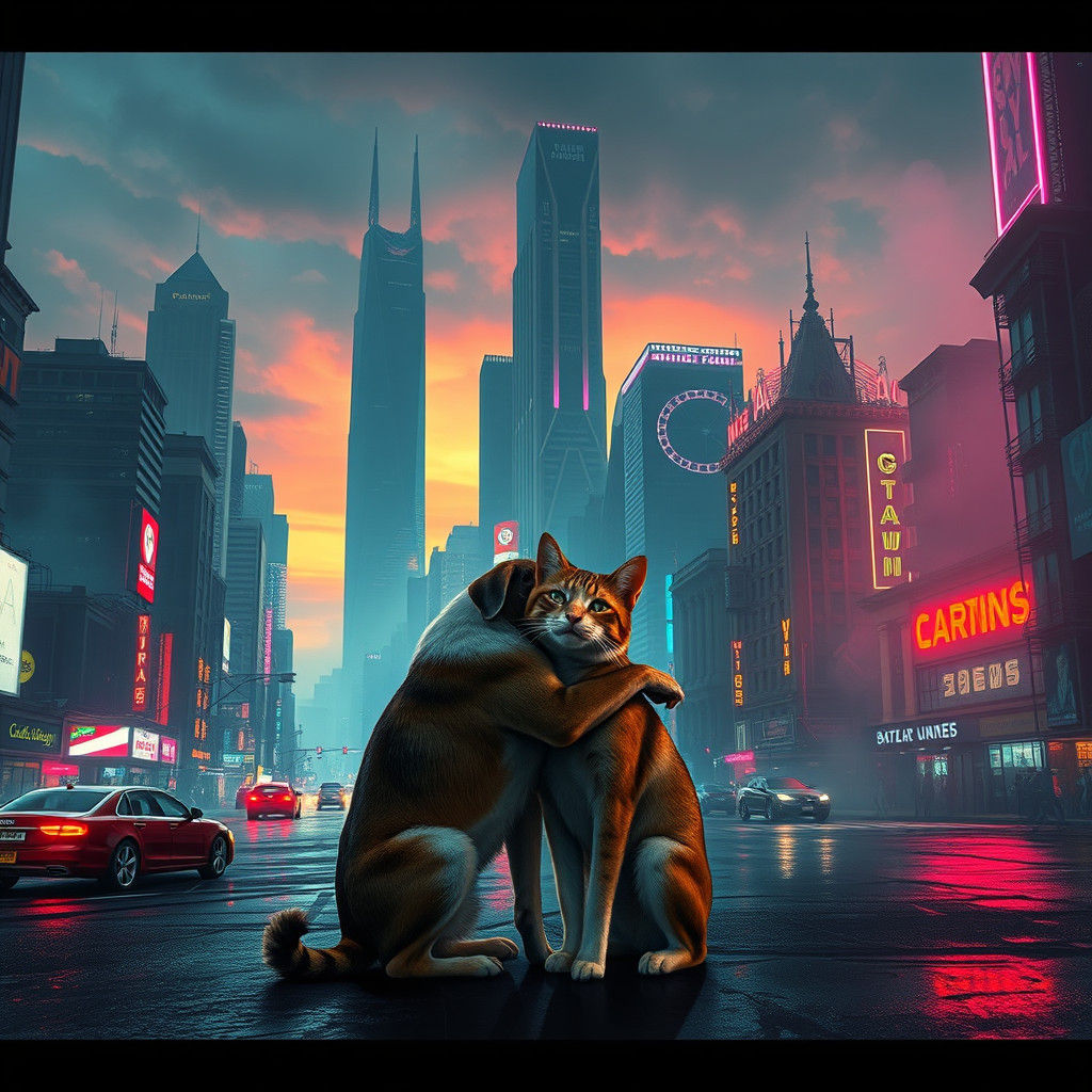 Dog and Cat Embrace in Cyberpunk Cityscape