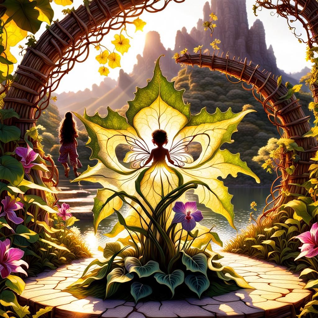 Toddler Fairy in Backlit Garden: A Surreal Art Piece