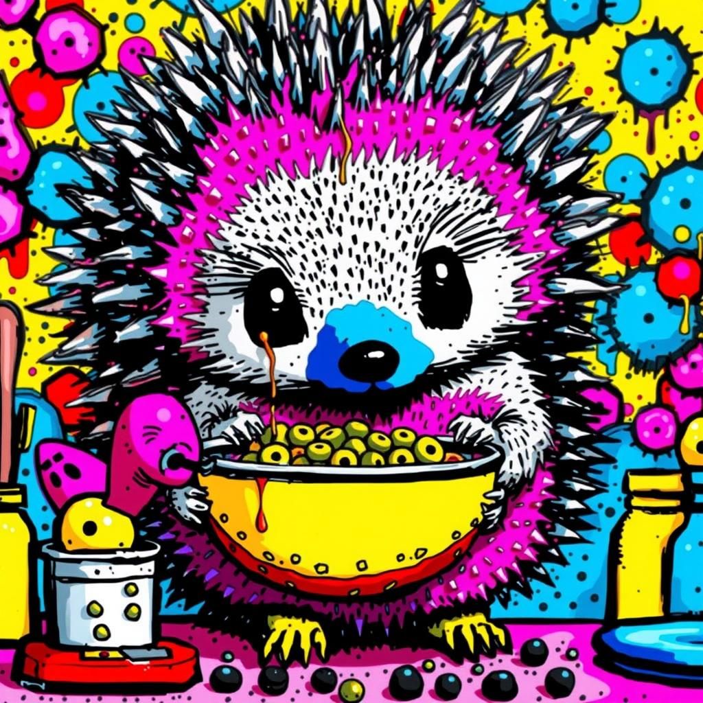 Hedgehog Chef in Neon Kitchen, Pop-Art Illustration