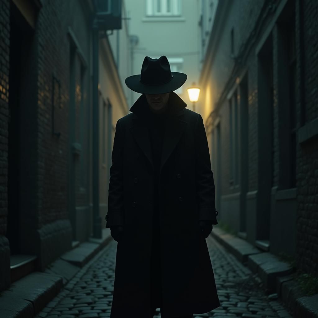 Enigmatic Figure in Noir Alleyway, Cinematic Sci-Fi