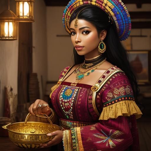 Colombian Woman with Gold Nuggets: Hyperrealistic Image