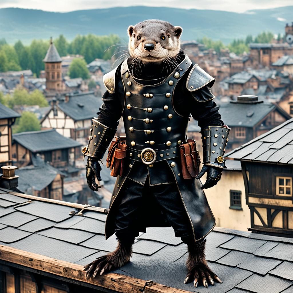 Steampunk Otter Thief on Rooftop Lookout