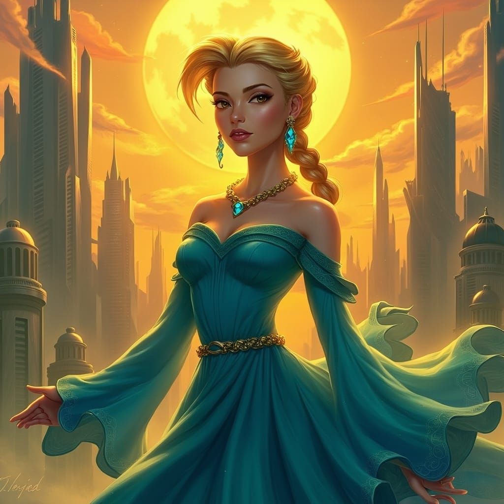 Woman in Blue and Green Gown Digital Illustration