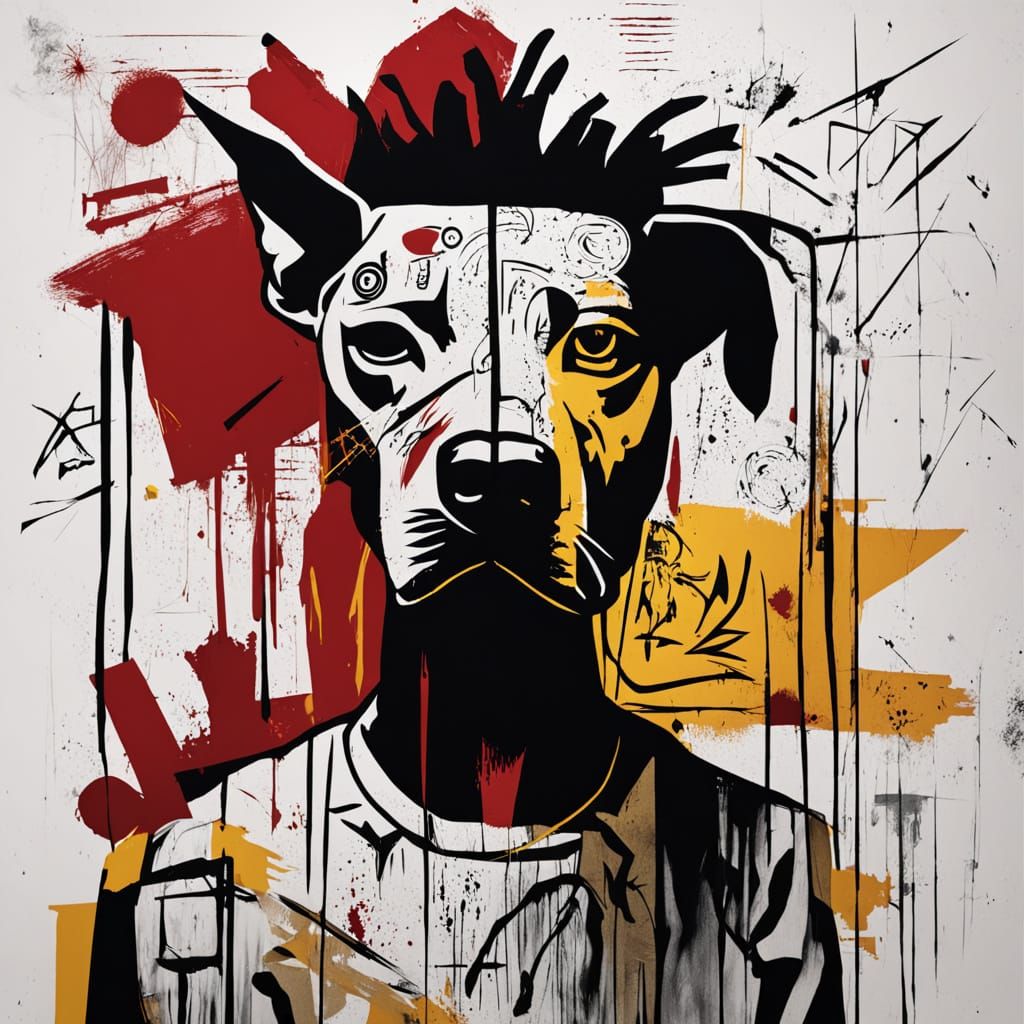 Boy and Dog in Urban Landscape, Basquiat Style