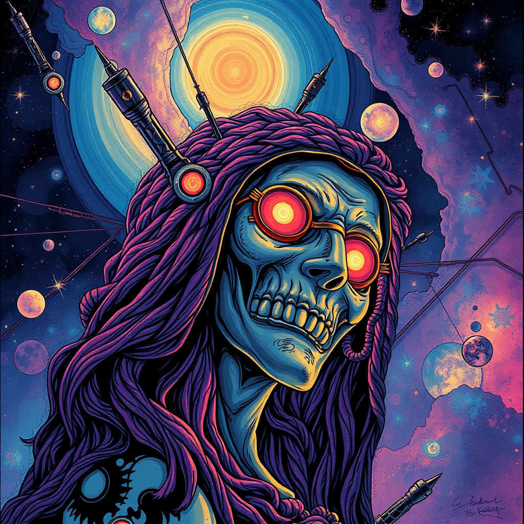 Cosmic Urban Art Nouveau Illustration in Mixed Media