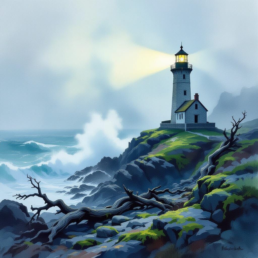 Lighthouse in Foggy Sea, Aquarelle Style