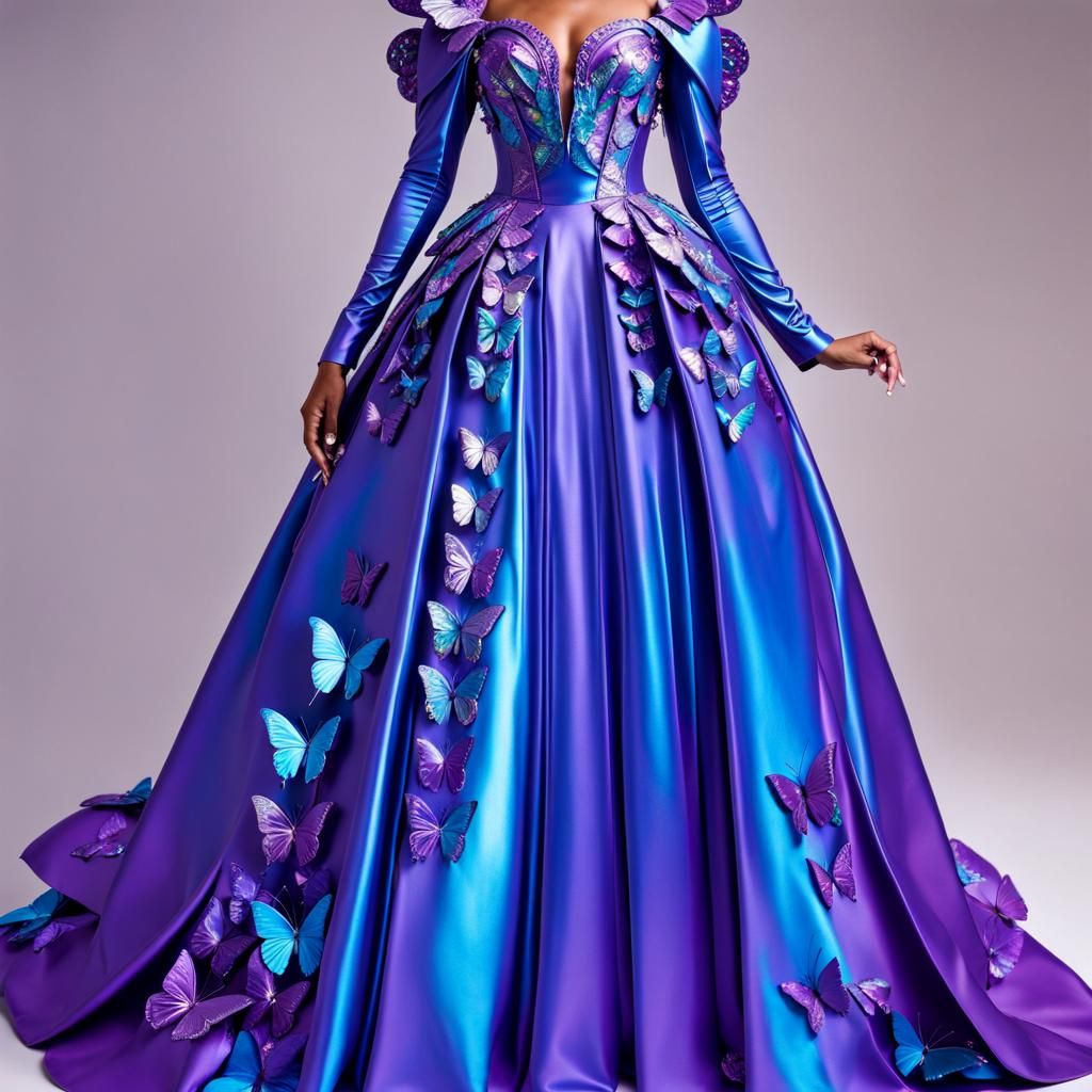 Metallic purple butterfly met gala dress decorated with blue holographic butterflies& ethereal vibes& magical vibes& but...
