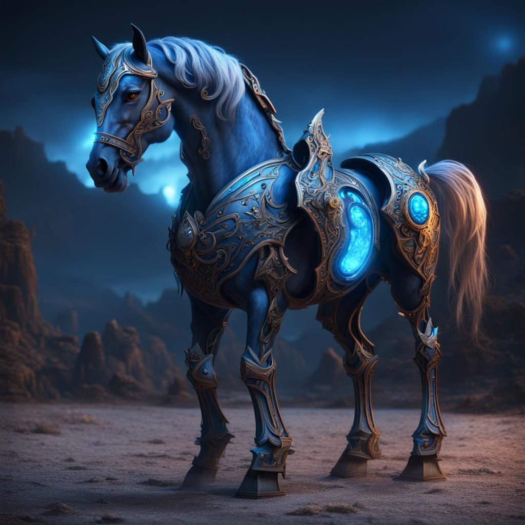 Blue Gem Armored Horse with Glowing Eyes
