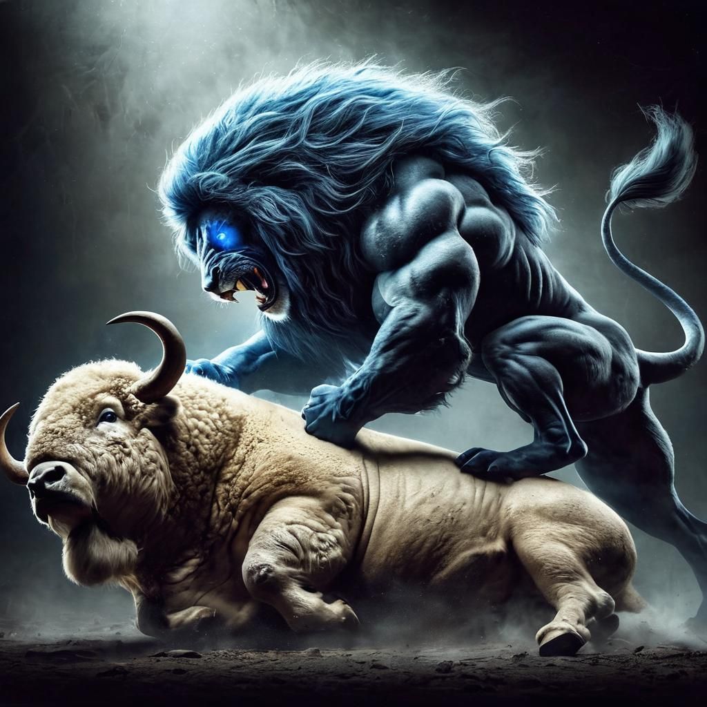 Mighty Blue Lion Engages Fierce Battle with Massive White Bi...