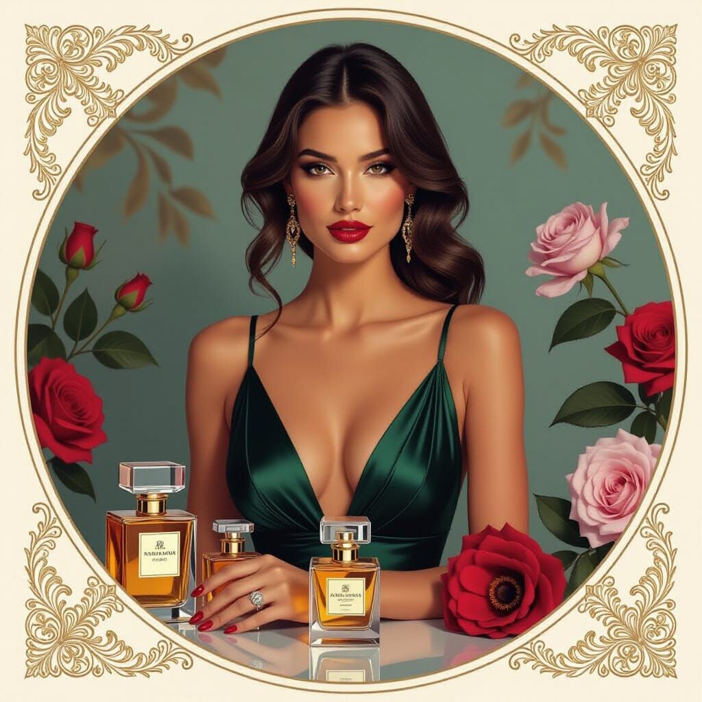 Elegant Woman Surrounded by Perfume in Art Nouveau Style