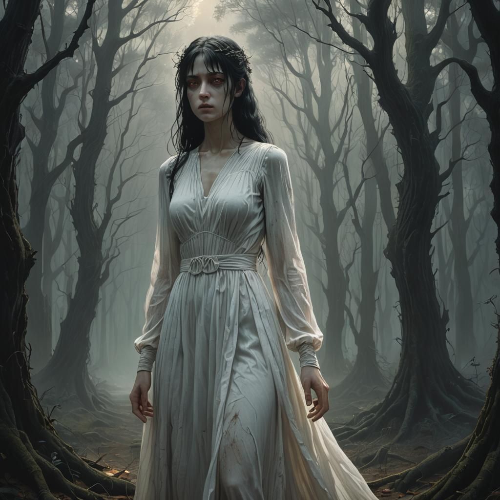 Eerie Yandere Girl in Forest, Beksiński and Giger Style