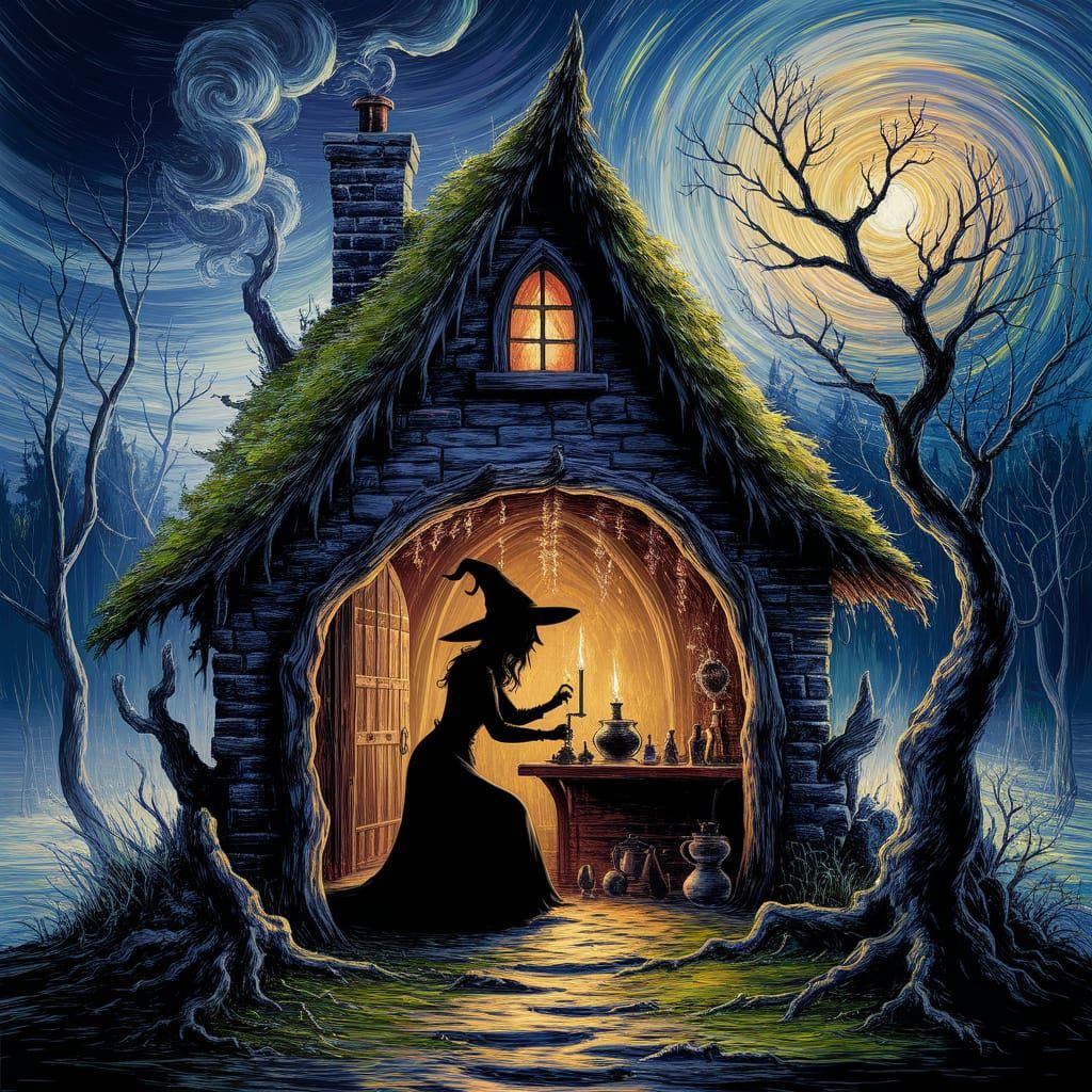 Witch Brewing Potions in Candlelit Cottage