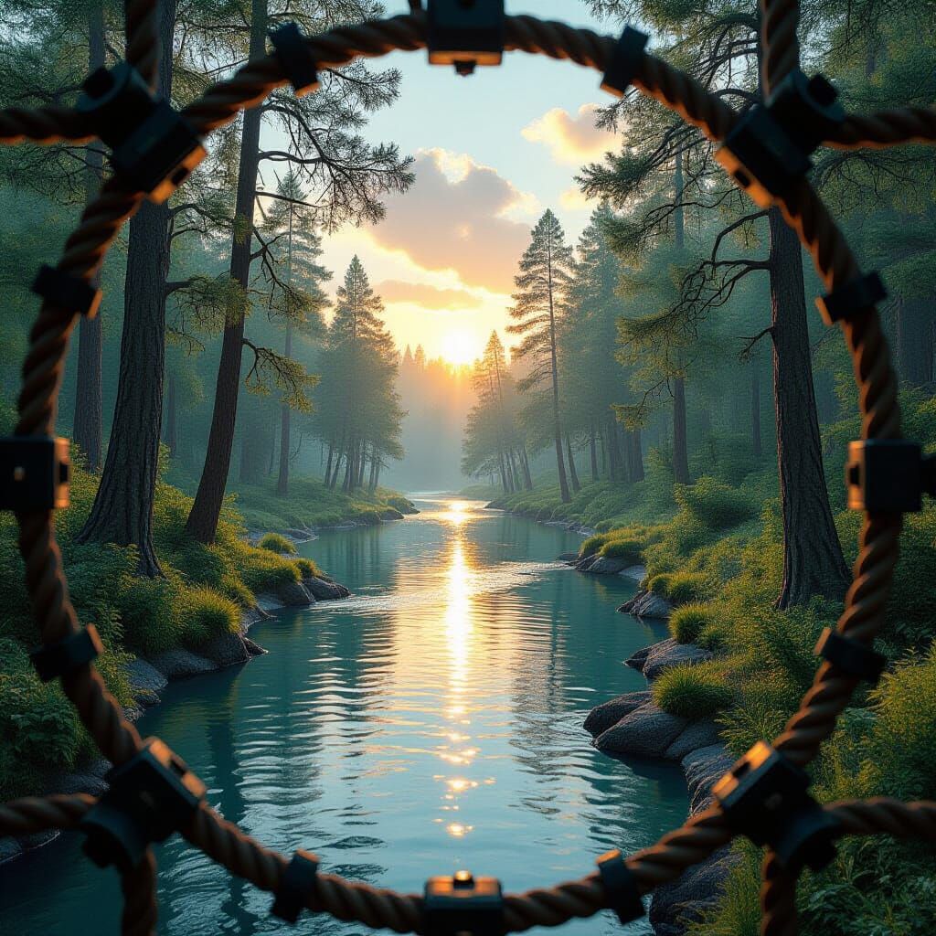 Enchanted Forest River Sunrise in Cyber Fairy Grunge Style