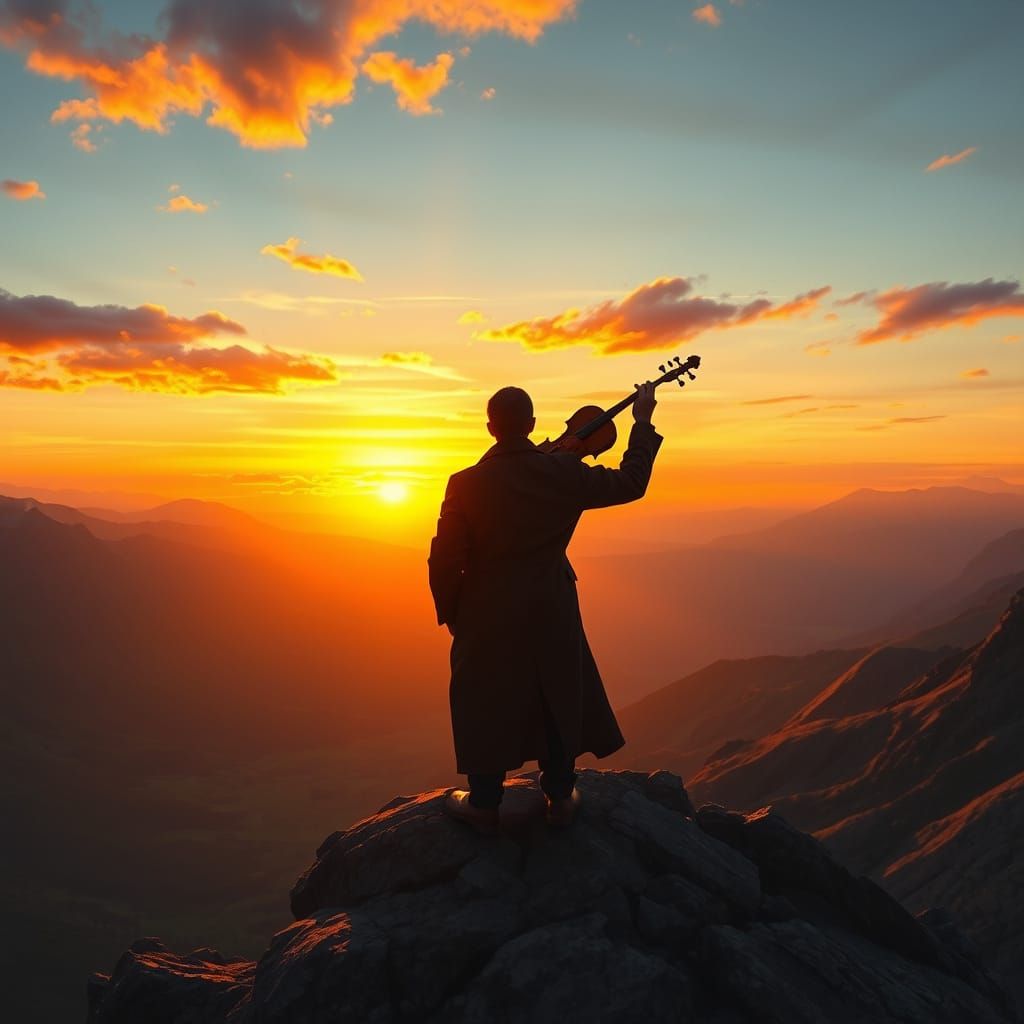 Sunset Violinist on Windswept Mountain, Earth Tone Painting