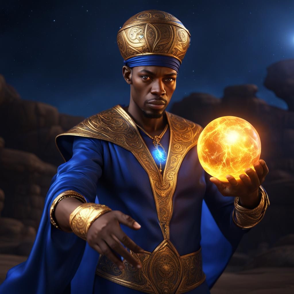 African American Sorcerer Casting Fireball Under Night Sky
