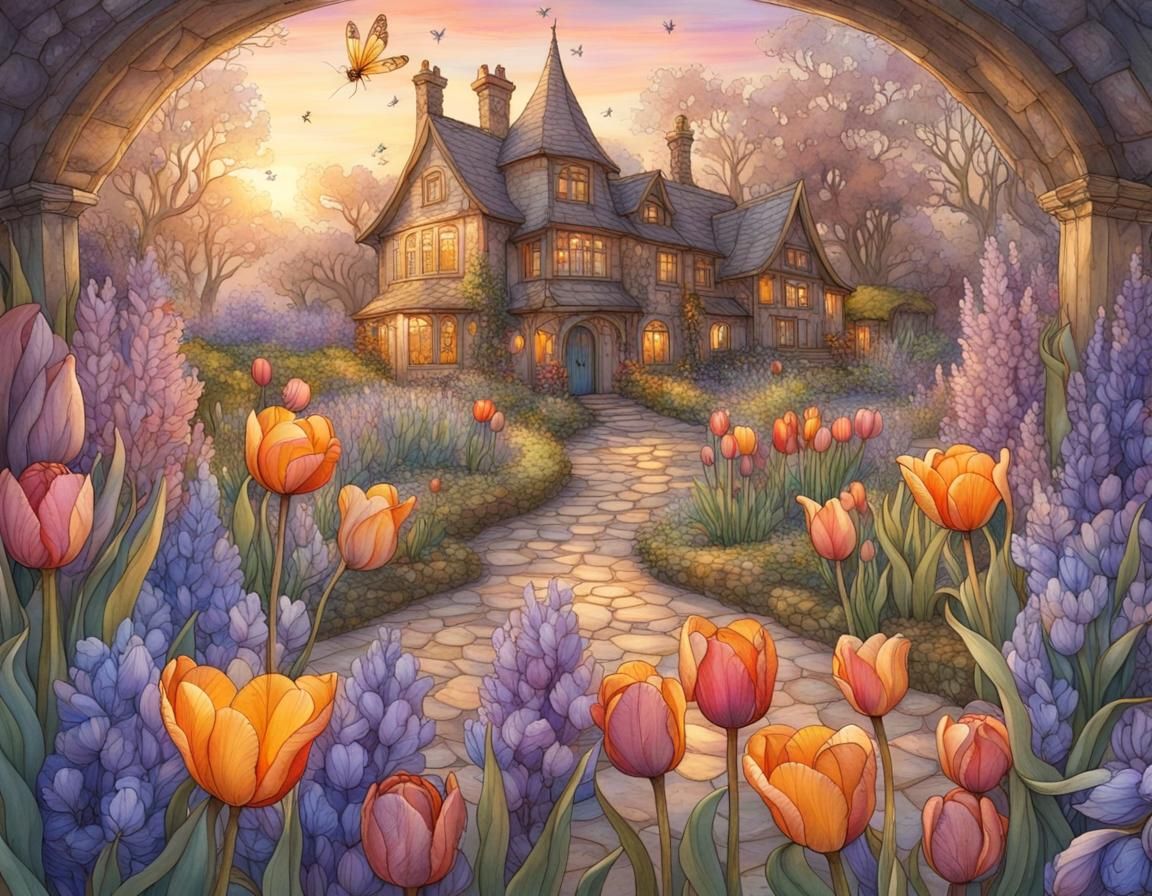 Secret Garden with Tulips and Dragonflies in Watercolour