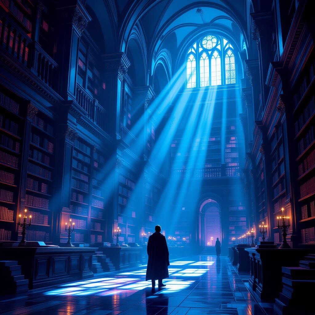 Scholar in Ancient Library, Cyberpunk Lighting