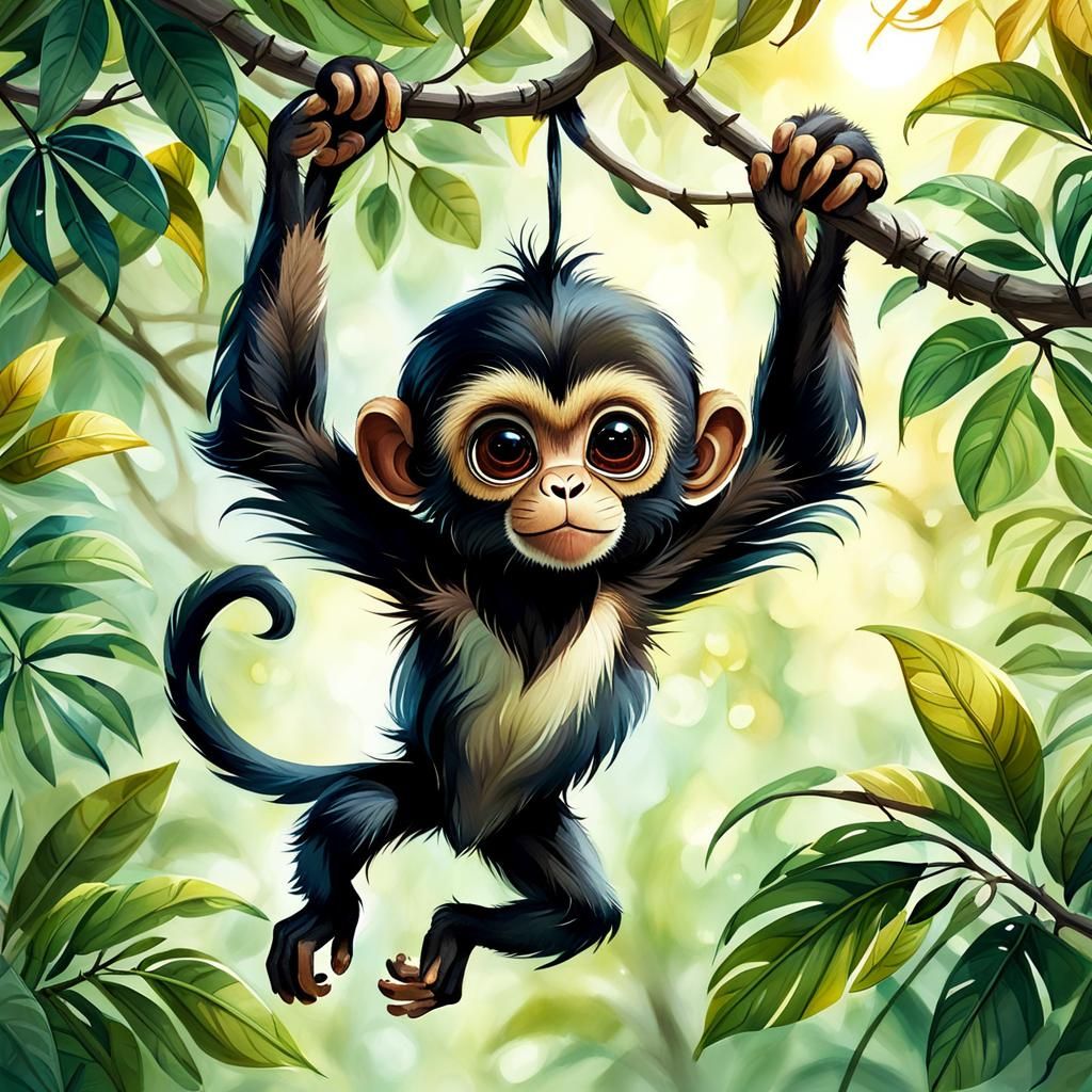 Cute Spider Monkey in a Watercolor Jungle