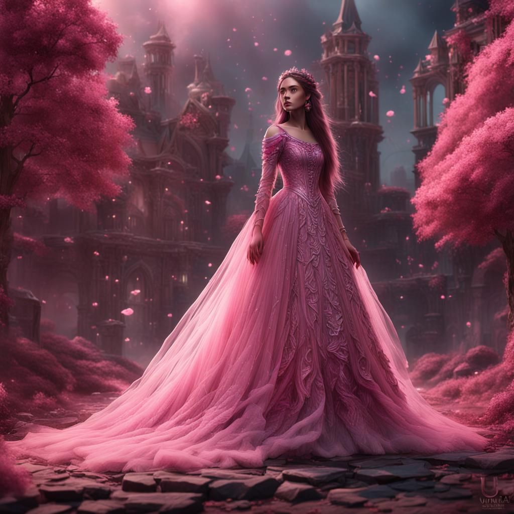 Beautiful Woman in Pink Tulle Dress: Detailed Matte Painting