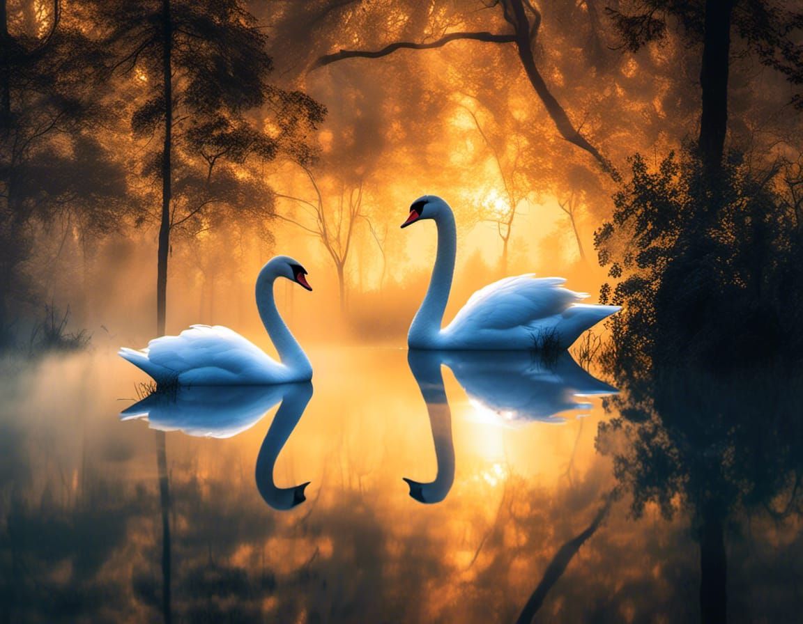 Double Exposure: Swans and Forest Landscape at Sunset