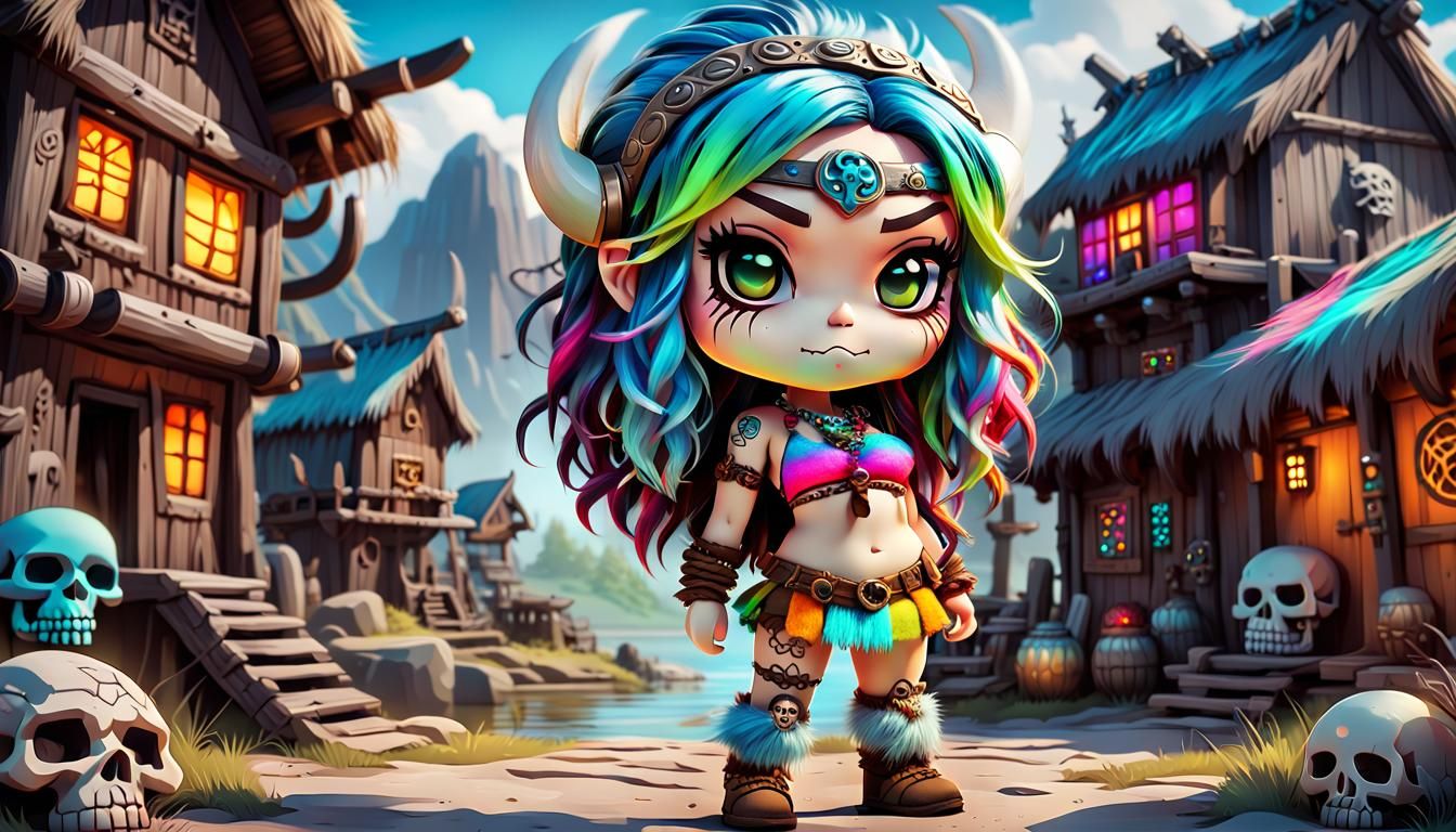 Colorful Chibi Viking Girl in Graffiti Street Art Style