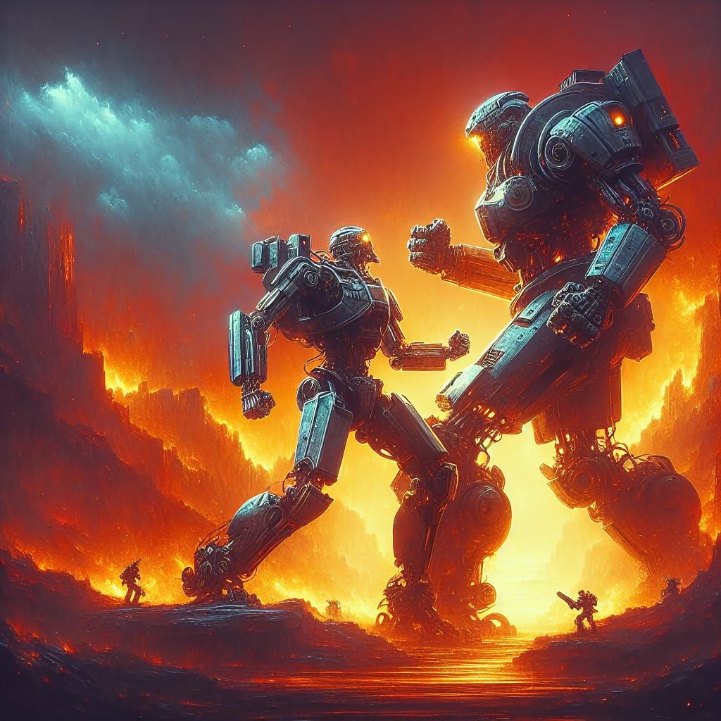 Robots Clash in Fiery Fantasy Landscape
