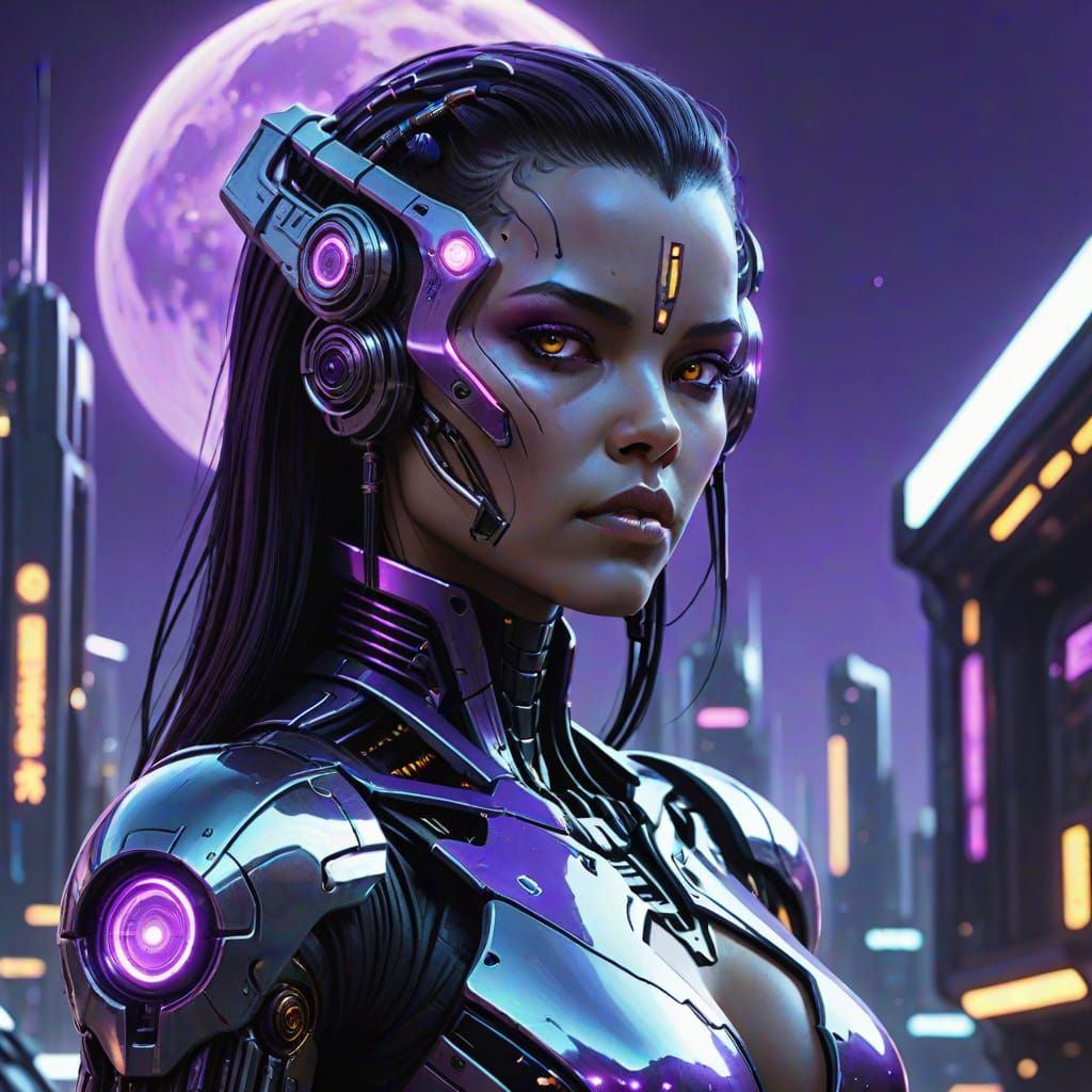 Cybernetic Woman Under Purple Moon - Neo-Futuristic City